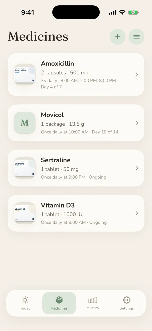Senarai ubat, setiap satu dengan gambar kotaknya dan jadualnya.