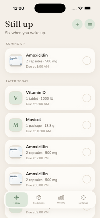 The Today screen, listing the doses due with a photo of each medicine.